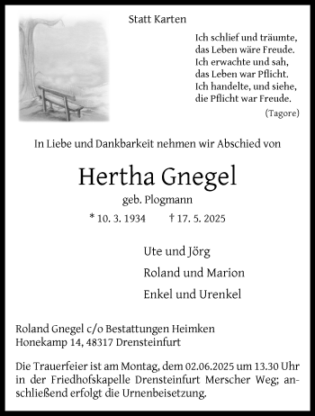 Anzeige von Hertha Gnegel 