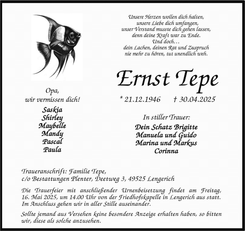  Traueranzeige für Ernst Tepe vom 10.05.2025 aus 