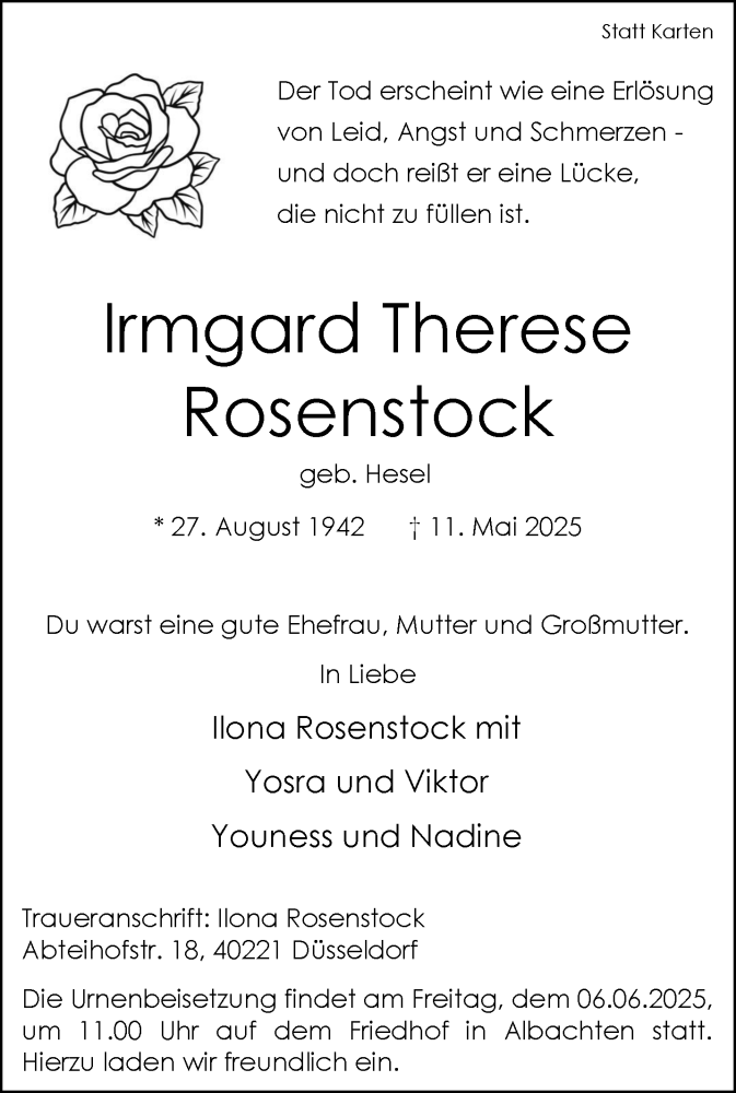  Traueranzeige für Irmgard Therese Rosenstock vom 24.05.2025 aus 