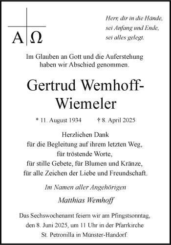 Anzeige von Gertrud Wemhoff-Wiemeler 