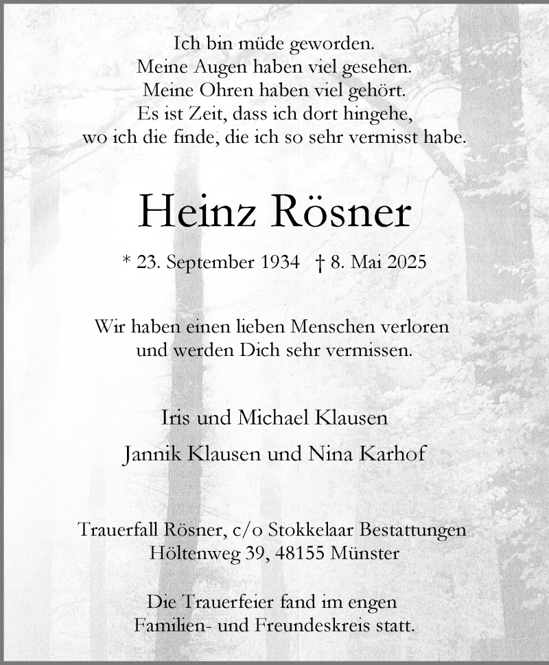  Traueranzeige für Heinz Rösner vom 31.05.2025 aus 