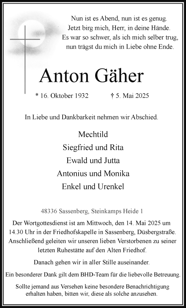 Traueranzeige für Anton Gäher vom 10.05.2025 aus 