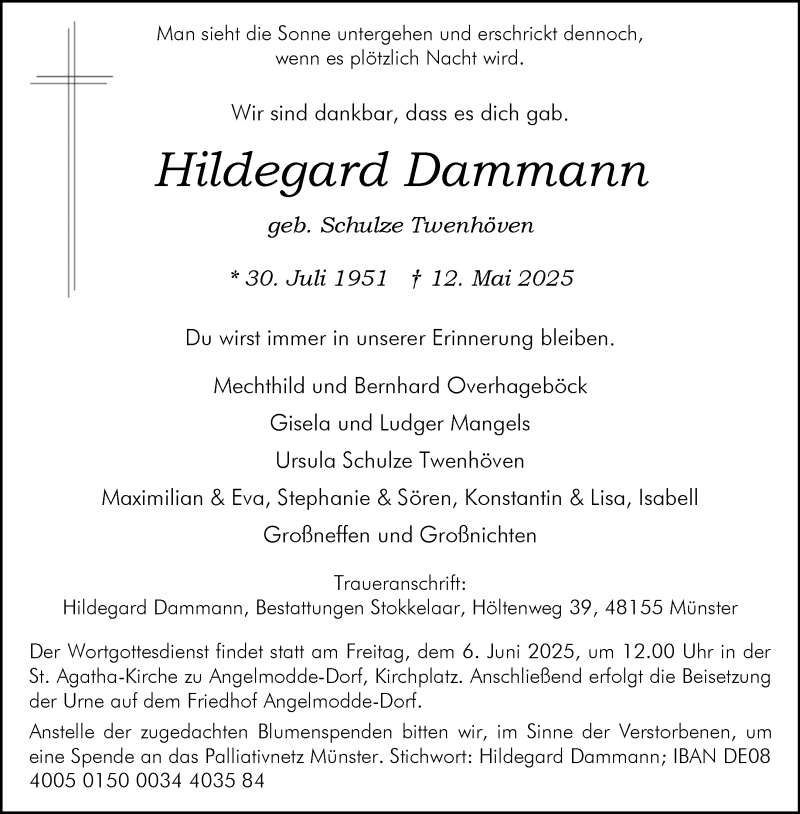  Traueranzeige für Hildegard Dammann vom 31.05.2025 aus 