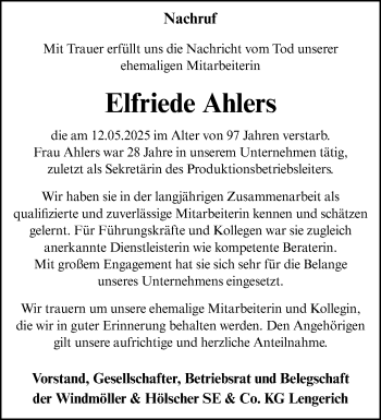 Anzeige von Elfriede Ahlers 