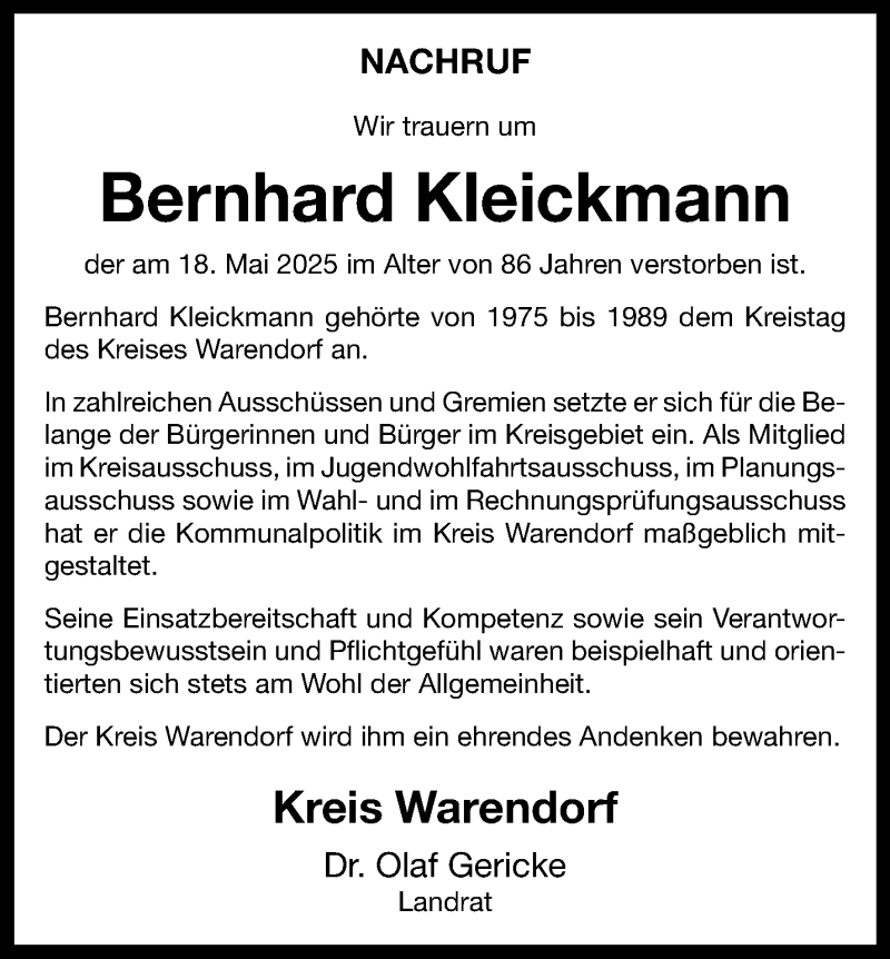  Traueranzeige für Bernhard Kleickmann vom 31.05.2025 aus 