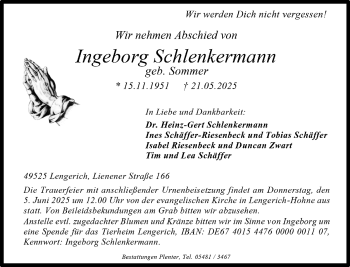 Anzeige von Ingeborg Schlenkermann 