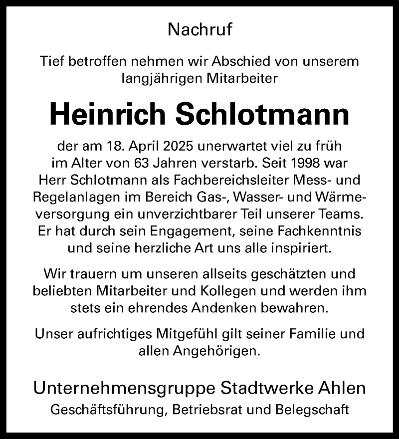  Traueranzeige für Heinrich Schlotmann vom 03.05.2025 aus 