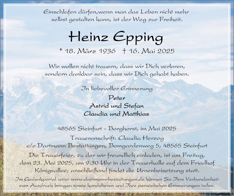  Traueranzeige für Heinz Epping vom 21.05.2025 aus 