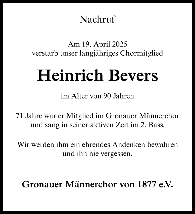  Traueranzeige für Heinrich Bevers vom 03.05.2025 aus 