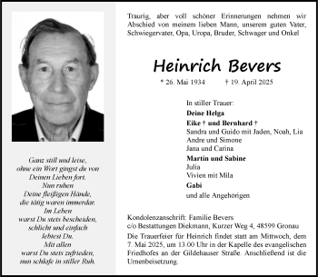 Anzeige von Heinrich Bevers 