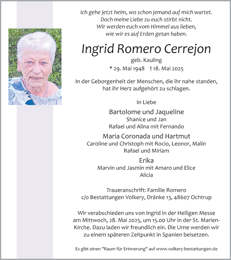  Traueranzeige für Ingrid Romero Cerrejon vom 22.05.2025 aus 