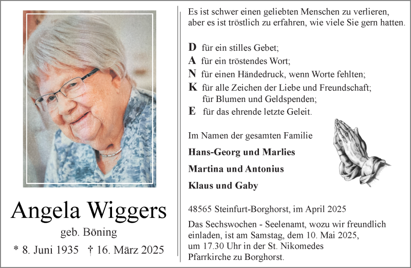  Traueranzeige für Angela Wiggers vom 03.05.2025 aus 