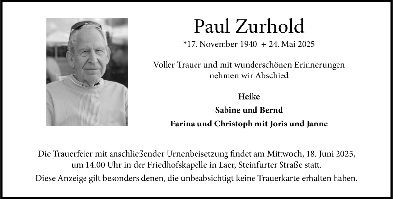  Traueranzeige für Paul Zurhold vom 31.05.2025 aus 