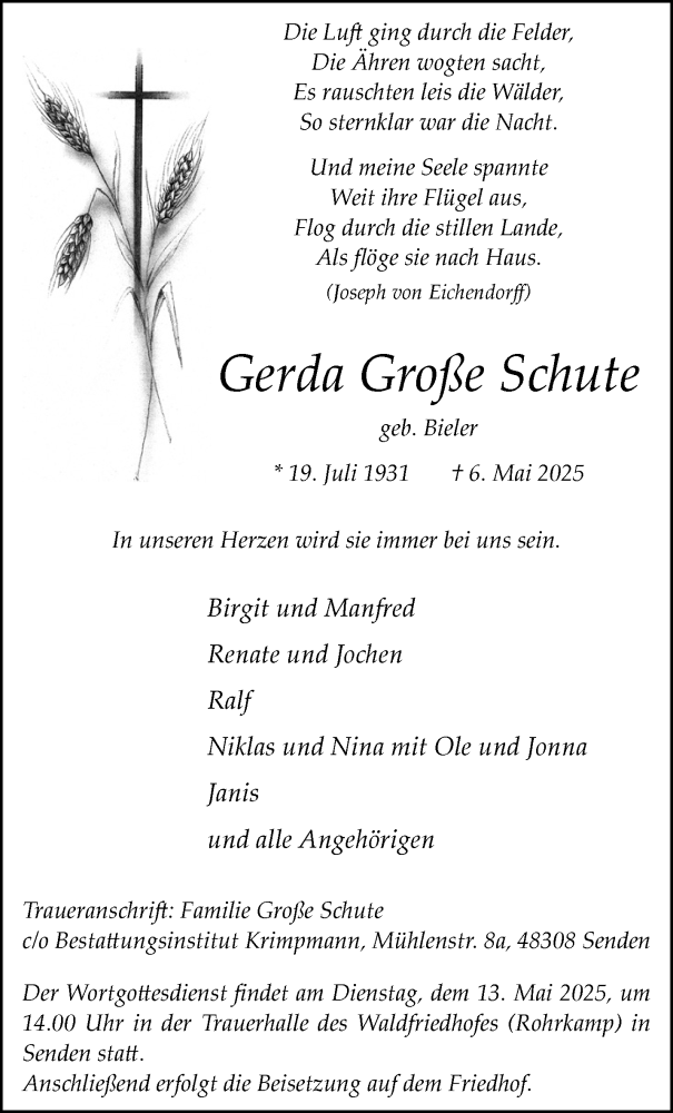  Traueranzeige für Gerda Große Schute vom 10.05.2025 aus 
