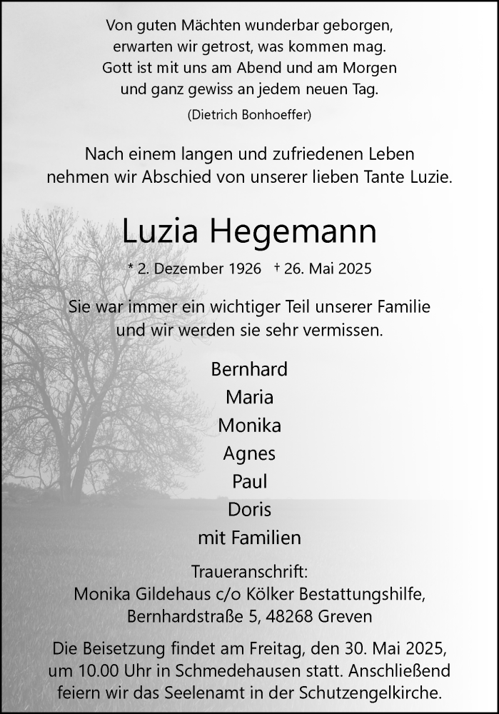  Traueranzeige für Luzia Hegemann vom 28.05.2025 aus 