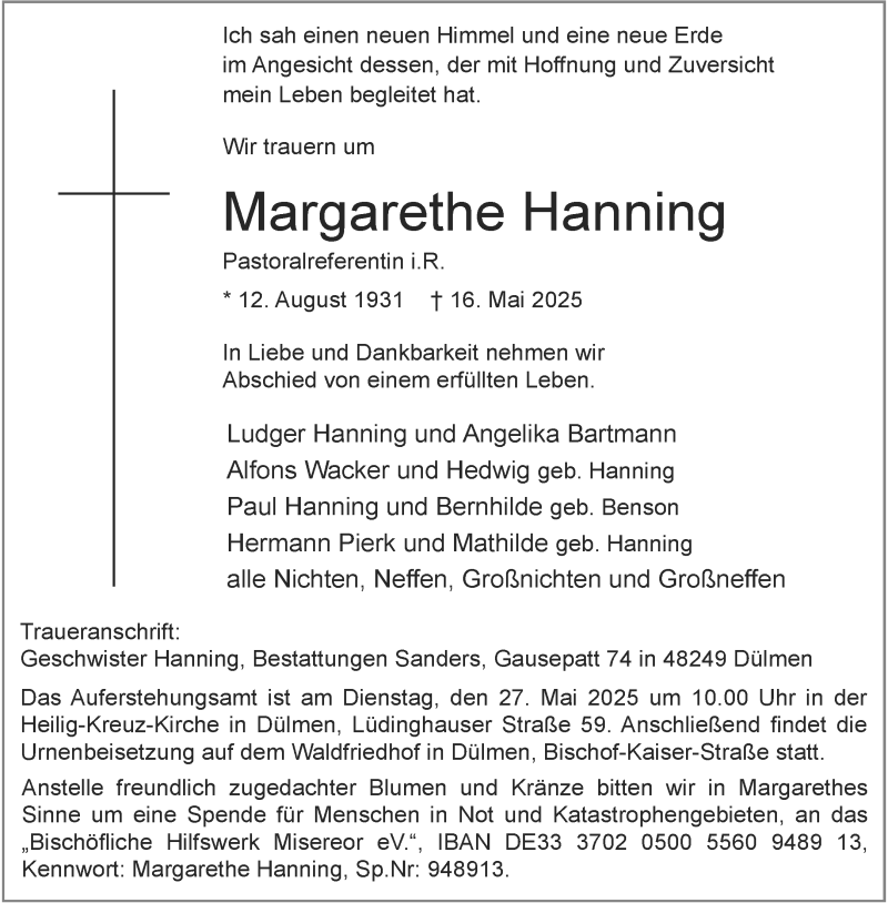  Traueranzeige für Margarethe Hanning vom 24.05.2025 aus 