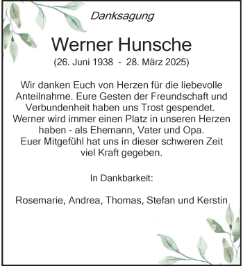 Anzeige von Werner Hunsche 