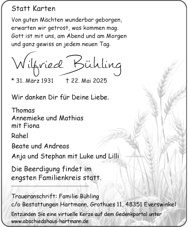  Traueranzeige für Wilfried Bühling vom 24.05.2025 aus 