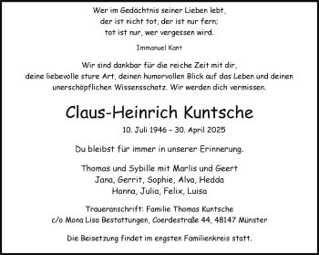 Anzeige von Claus-Heinrich Kuntsche 