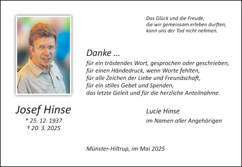  Traueranzeige für Josef Hinse vom 17.05.2025 aus 