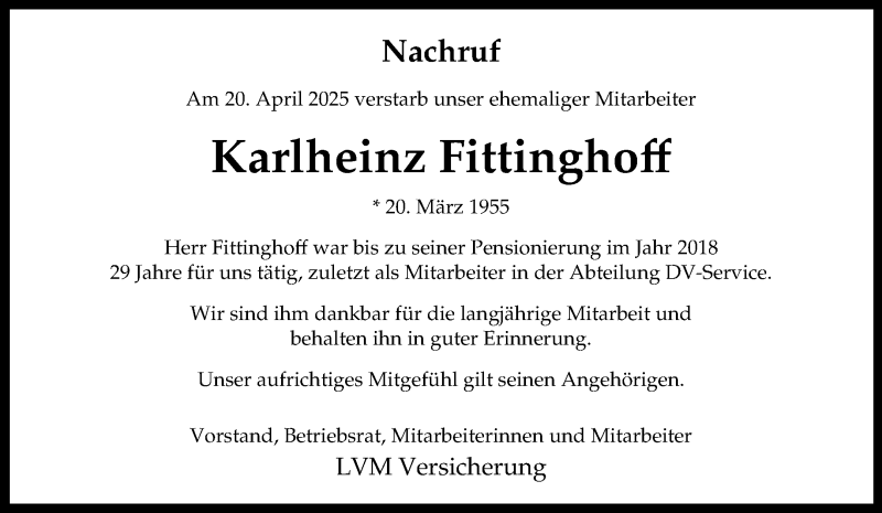  Traueranzeige für Karlheinz Fittinghoff vom 03.05.2025 aus 