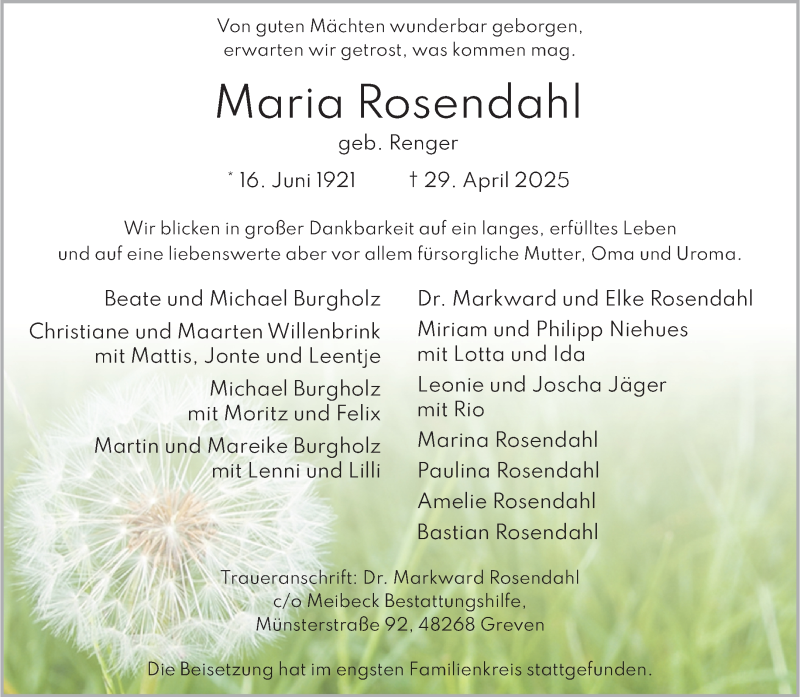  Traueranzeige für Maria Rosendahl vom 10.05.2025 aus 