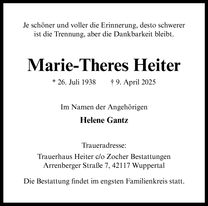  Traueranzeige für Marie-Theres Heiter vom 10.05.2025 aus 