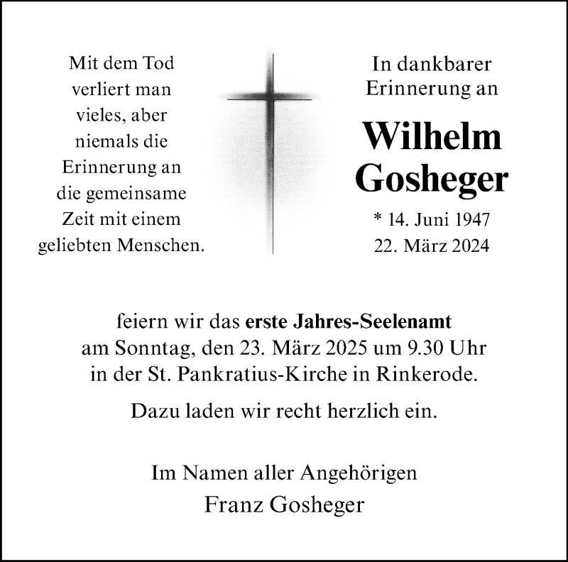  Traueranzeige für Wilhelm Gosheger vom 08.03.2025 aus 