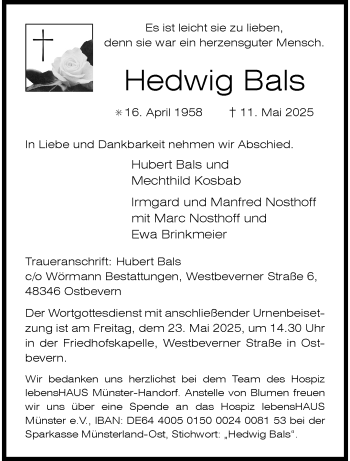 Anzeige von Hedwig Bals 
