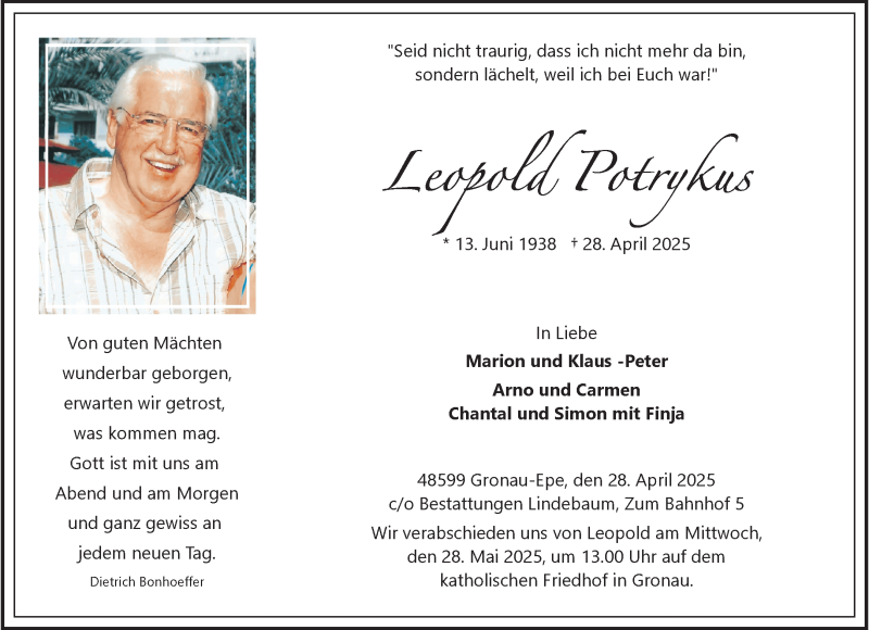  Traueranzeige für Leopold Potrykas vom 24.05.2025 aus 