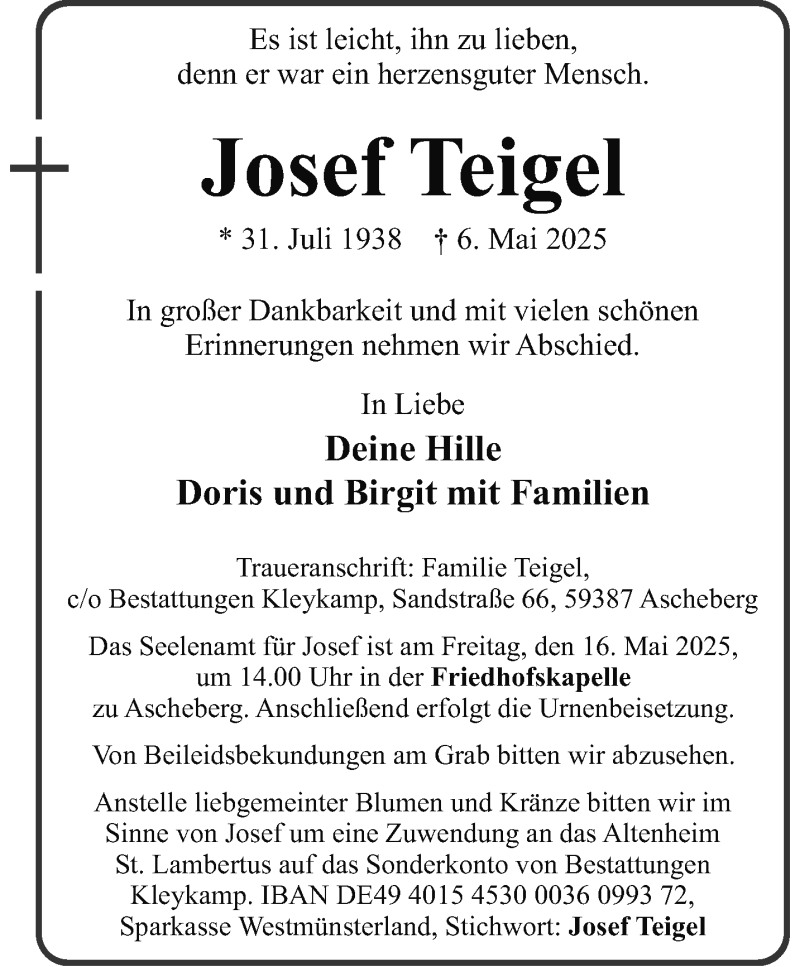  Traueranzeige für Josef Teigel vom 10.05.2025 aus 