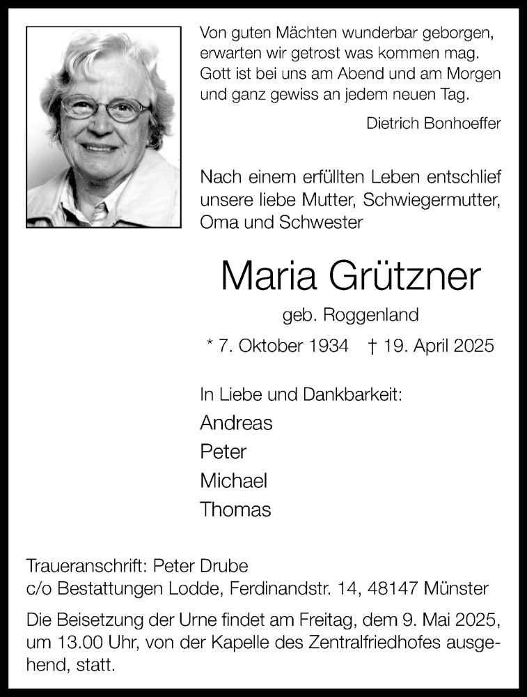  Traueranzeige für Maria Grützner vom 03.05.2025 aus 