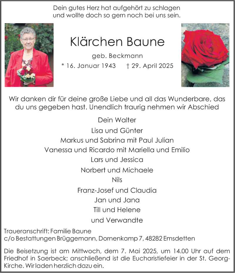  Traueranzeige für Klärchen Baune vom 03.05.2025 aus 