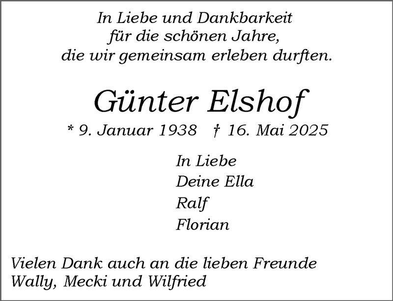  Traueranzeige für Günter Elshof vom 31.05.2025 aus 