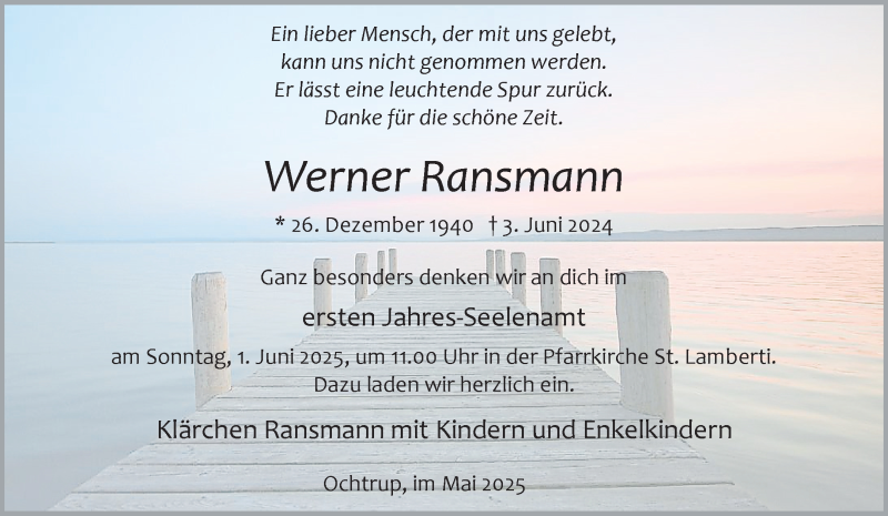  Traueranzeige für Werner Ransmann vom 28.05.2025 aus 