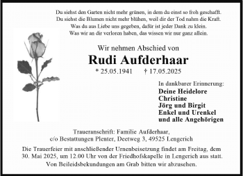 Anzeige von Rudi Aufderhaar 