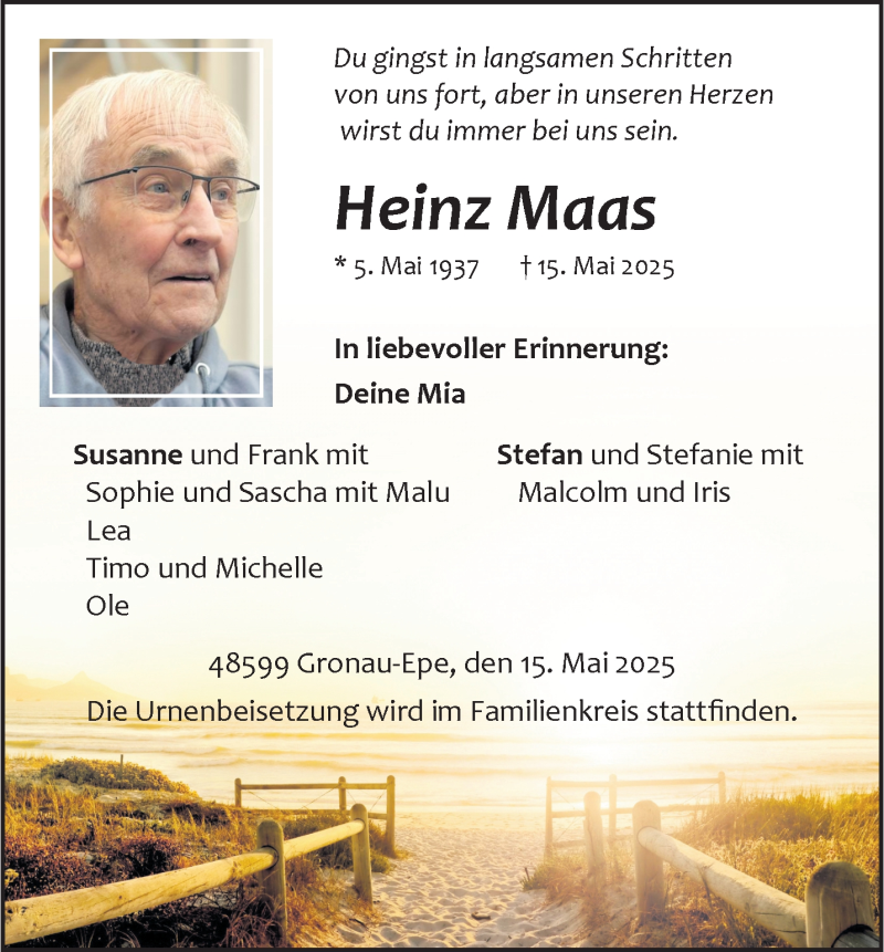  Traueranzeige für Heinz Maas vom 31.05.2025 aus 
