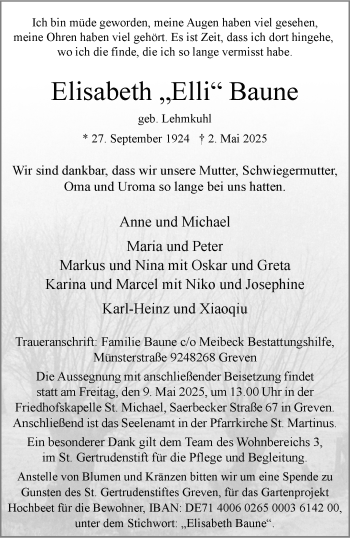 Anzeige von Elisabeth Baune 