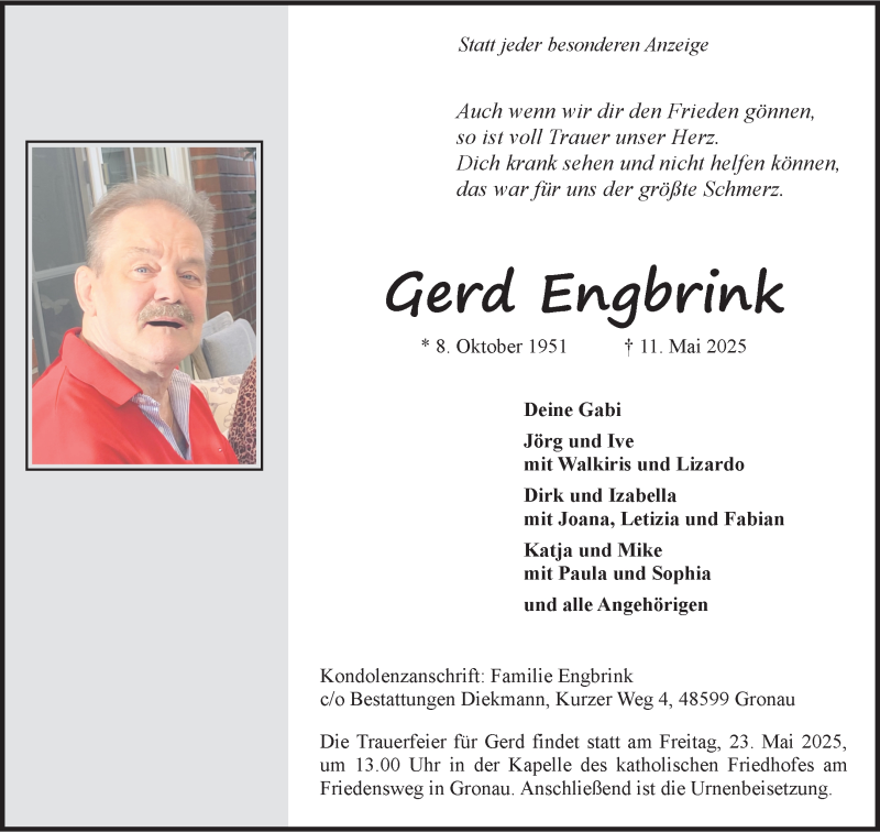  Traueranzeige für Gerd Engbrink vom 17.05.2025 aus 