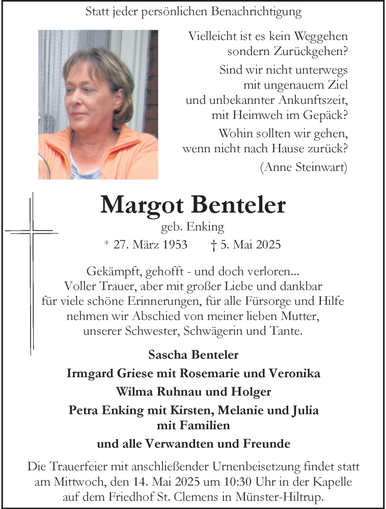  Traueranzeige für Margot Benteler vom 10.05.2025 aus 