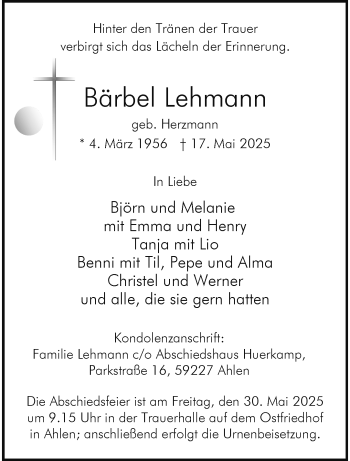 Anzeige von Bärbel Lehmann 