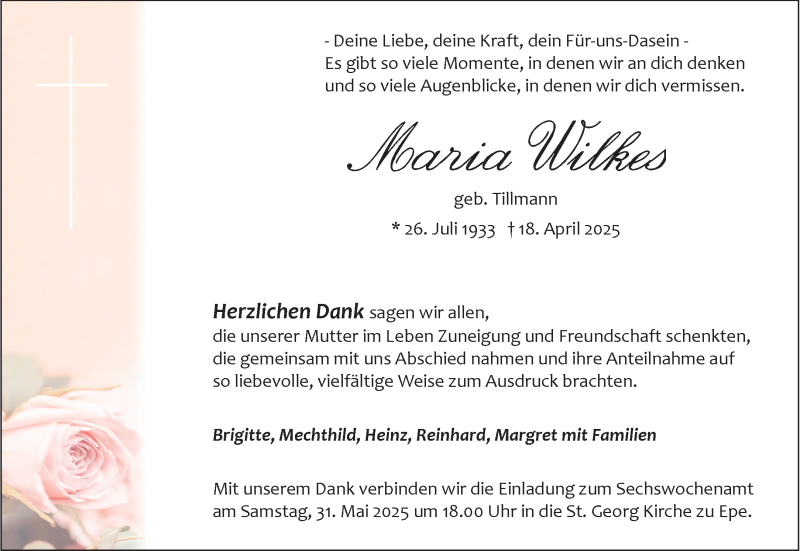  Traueranzeige für Maria Wilkes vom 24.05.2025 aus 