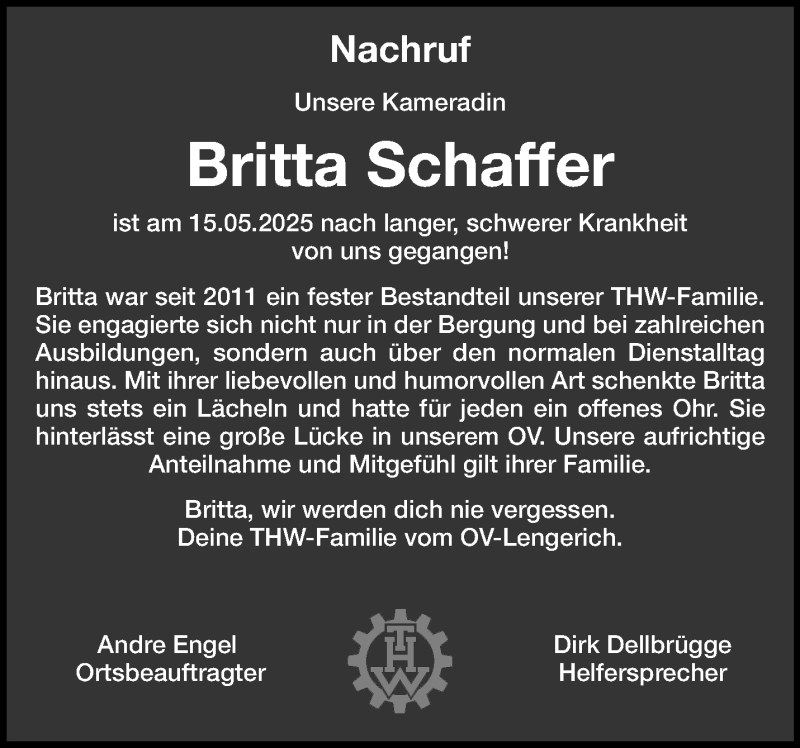  Traueranzeige für Britta Schaffer vom 28.05.2025 aus 