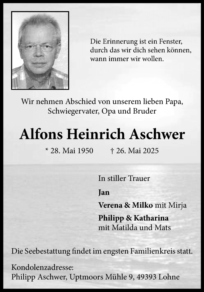  Traueranzeige für Alfons Heinrich Aschwer vom 31.05.2025 aus 