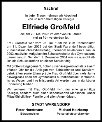 Anzeige von Elfriede Großfeld 