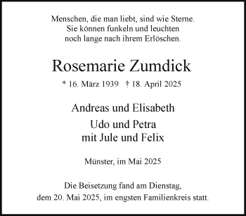 Anzeige von Rosemarie Zumdick 