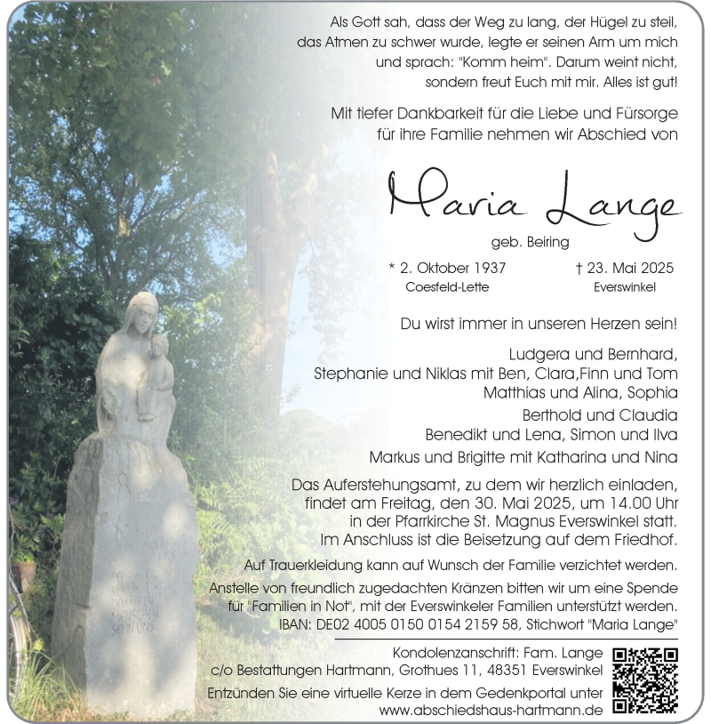  Traueranzeige für Maria Lange vom 28.05.2025 aus 