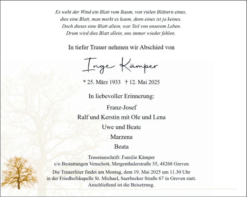  Traueranzeige für Inge Kämper vom 17.05.2025 aus 