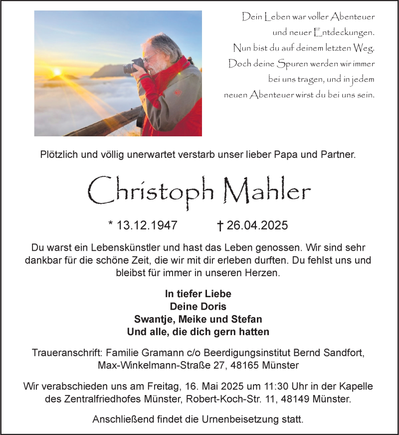  Traueranzeige für Christoph Mahler vom 10.05.2025 aus 