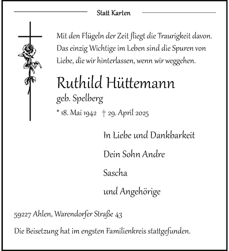  Traueranzeige für Ruthild Hüttemann vom 17.05.2025 aus 